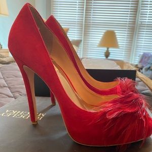 Badgley Mischka red suede platform heels with red feather accents Barely worn